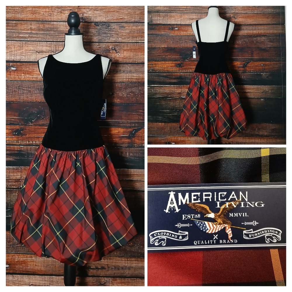 NWT American Living Dress 6 Black Velvet Red Plaid Bubble Hem Side Zip Festive